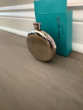 kate spade silver round hip flask with teal box